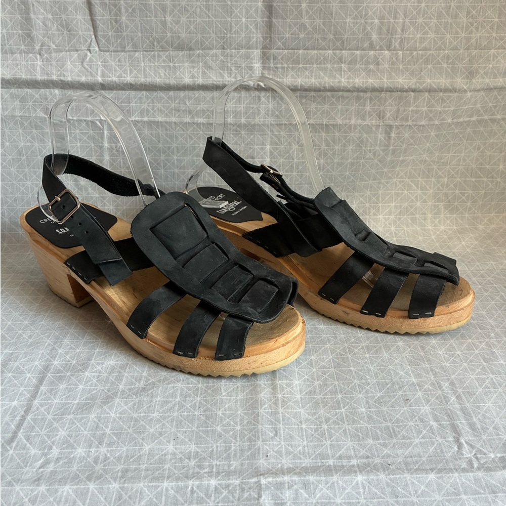 Black Leather Strappy Slingback Clog Heels - Women
